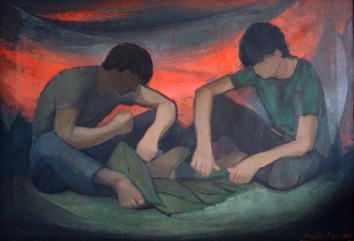 Βασίλης Σίμος ,1984, Παιδιά στην κόκκινη δύση , λάδι σε μουσαμά, 70x100