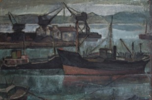 Βασίλης Σίμος , Λιμάνι στον Ατλαντικό, Χιχόν, 1959, λάδι σε χαρτόνι 35x50