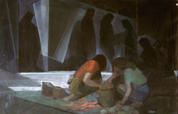 Βασίλης Σίμος , 1979 , Κορίτσια στη Λαϊκή, λάδι σε μουσαμά 50x70